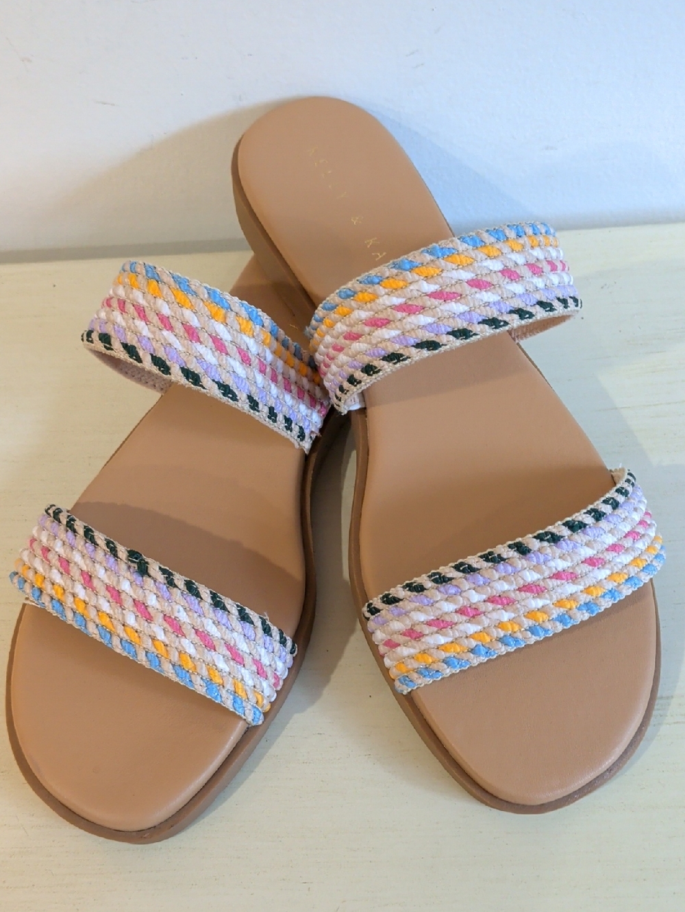 Kelly & Katie Woven Double-Strap Slide Sandals - Tan with Pastel Multicolor